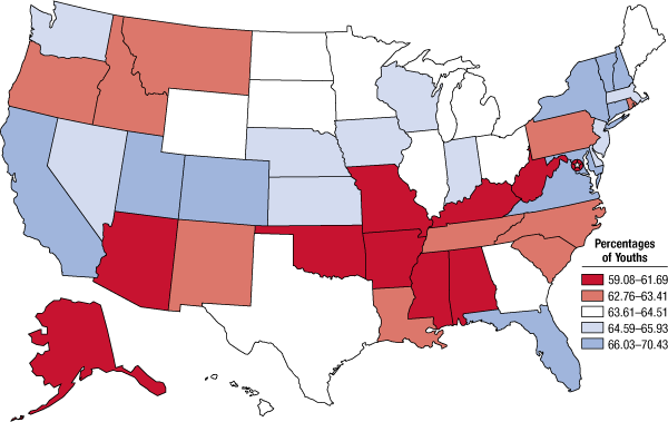 This map of the United States shows percentages of perceptions of great risk of smoking one or more packs of cigarettes per day among persons aged 12 to 17, by state, using combined data from 2012 and 2013. In 2012–2013, between 59.08 and 61.69 percent of youths perceived great risk of smoking one or more packs of cigarettes per day among persons aged 12 to 17 in Alaska, Mississippi, Kentucky, Arkansas, District of Columbia, Oklahoma, Missouri, Arizona, Alabama, and West Virginia. Between 62.76 and 63.41 percent of youths perceived great risk of smoking one or more packs of cigarettes per day among persons aged 12 to 17 in Pennsylvania, New Mexico, Louisiana, South Carolina, North Carolina, Idaho, Tennessee, Montana, Rhode Island, and Oregon. Between 63.61 and 64.51 percent of youths perceived great risk of smoking one or more packs of cigarettes per day among persons aged 12 to 17 in Hawaii, Ohio, North Dakota, Wyoming, Michigan, Illinois, Texas, Minnesota, Georgia, Maine, and South Dakota. Between 64.59 and 65.93 percent of youths perceived great risk of smoking one or more packs of cigarettes per day among persons aged 12 to 17 in Nevada, Kansas, Indiana, Washington, New Jersey, Nebraska, Massachusetts, Wisconsin, Delaware, and Iowa. Between 66.03 and 70.43 percent of youths perceived great risk of smoking one or more packs of cigarettes per day among persons aged 12 to 17 in Maryland, New Hampshire, Virginia, Colorado, Vermont, California, New York, Connecticut, Utah, and Florida. If you would like someone from our staff to read the numbers on this graph or table image to you, please call 240-276-1250.