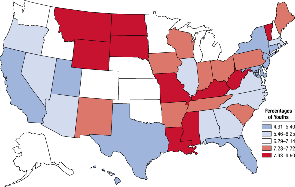 This map of the United States shows the percentages of past month cigarette use among persons aged 12 to 17, by state, using combined 2012 and 2013 data. In 2012–2013, between 4.31 and 5.40 percent of youths used cigarettes in California, District of Columbia, Connecticut, Florida, Maryland, New York, New Jersey, Texas, Utah, and Hawaii. Between 5.46 and 6.25 percent of youths used cigarettes in Arizona, Massachusetts, Illinois, Nevada, Georgia, Virginia, Rhode Island, North Carolina, Oregon, and Alabama. Between 6.29 and 7.14 percent of youths used cigarettes in Kansas, Colorado, Alaska, Oklahoma, Washington, Idaho, Nebraska, Delaware, Minnesota, New Hampshire, and Michigan. Between 7.23 and 7.72 percent of youths used cigarettes in Maine, Iowa, South Carolina, Ohio, New Mexico, Wisconsin, Arkansas, Pennsylvania, Tennessee, and Indiana. Between 7.93 and 9.50 percent of youths used cigarettes in Montana, South Dakota, Louisiana, North Dakota, Mississippi, Vermont, Missouri, West Virginia, Wyoming, and Kentucky. If you would like someone from our staff to read the numbers on this graph or table image to you, please call 240-276-1250.