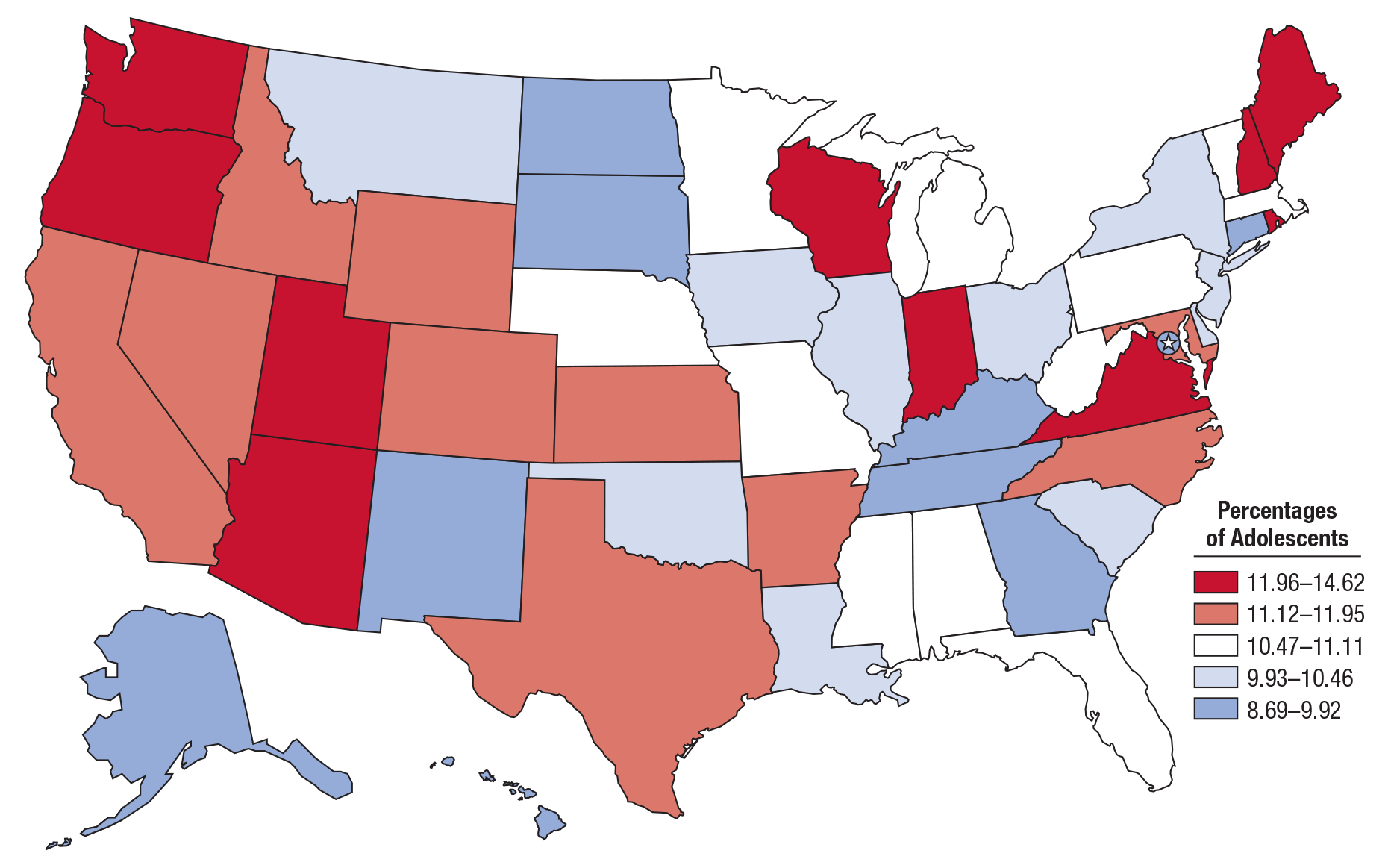 Figure 1 is a U.S. map with each state color-coded to represent the percentages and annual averages of adolescents aged 12 to 17 with major depressive episode in 2013 and 2014. The map legend is titled 