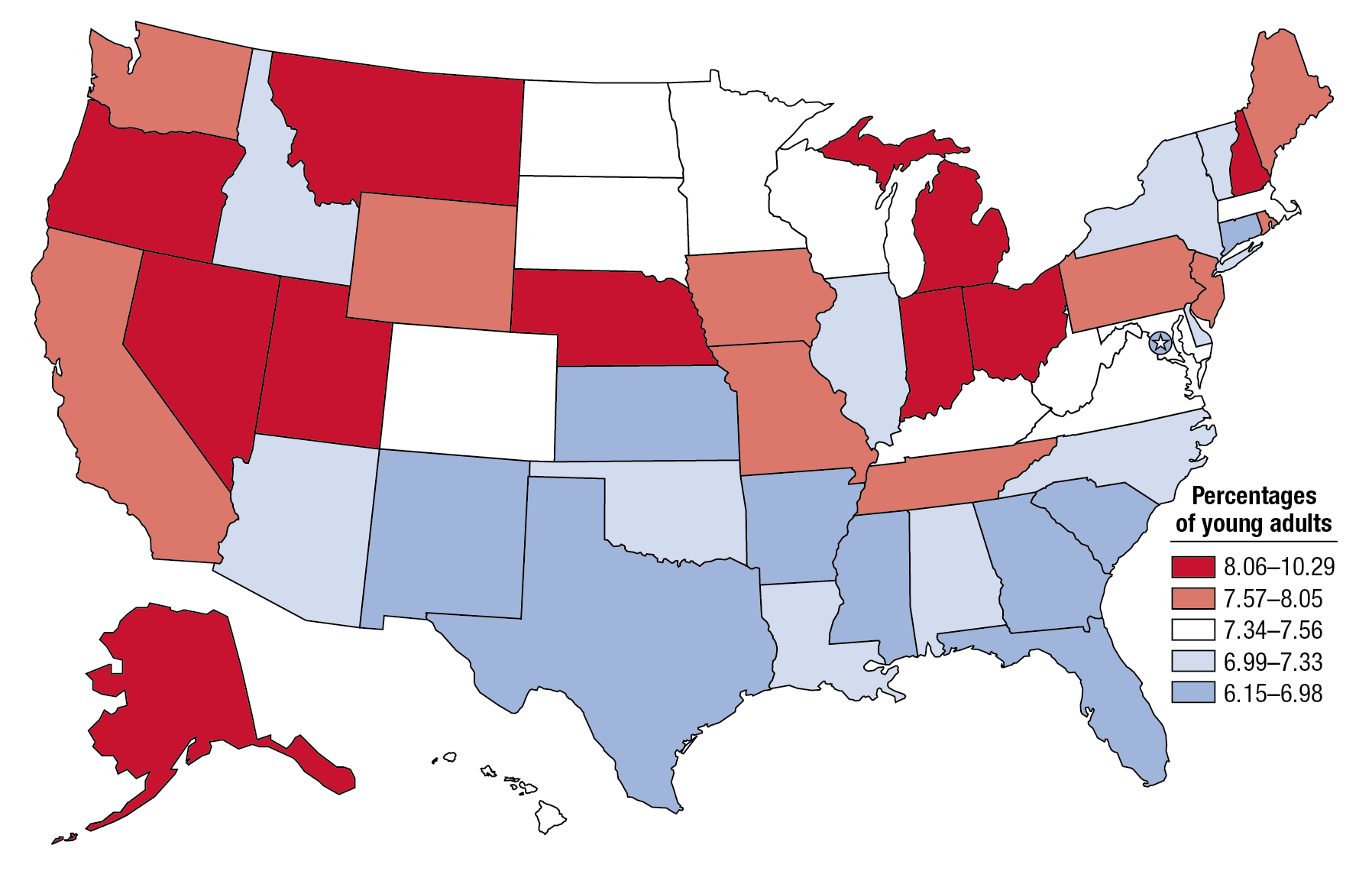 Figure 1 is a U.S. map with the 50 states and the District of Columbia color-coded to represent the rates of serious thoughts of suicide in the past year among young adults aged 18 to 25, for 2013 and 2014. The map legend is titled ‘Percentages of Young Adults’ and includes five categories: 8.06–10.29, 7.57–8.05, 7.34–7.56, 6.99–7.33, and 6.15–6.98.  Alaska, Indiana, Michigan, Montana, Nebraska, Nevada, New Hampshire, Ohio, Oregon, and Utah had rates of serious thoughts of suicide in the past year among young adults between 8.06 and 10.29. California, Iowa, Maine, Missouri, New Jersey, Pennsylvania, Rhode Island, Tennessee, Washington, and Wyoming had rates of serious thoughts of suicide in the past year among young adults between 7.57 and 8.05. Colorado, Hawaii, Kentucky, Maryland, Massachusetts, Minnesota, North Dakota, South Dakota, Virginia, West Virginia, and Wisconsin had rates of serious thoughts of suicide in the past year among young adults between 7.34 and 7.56. Alabama, Arizona, Delaware, Idaho, Illinois, Louisiana, North Carolina, New York, Oklahoma, and Vermont had rates of serious thoughts of suicide in the past year among young adults between 6.99 and 7.33. Arkansas, Connecticut, the District of Columbia, Florida, Georgia, Kansas, Mississippi, New Mexico, South Carolina, and Texas had rates of serious thoughts of suicide in the past year among young adults between 6.15 and 6.98.