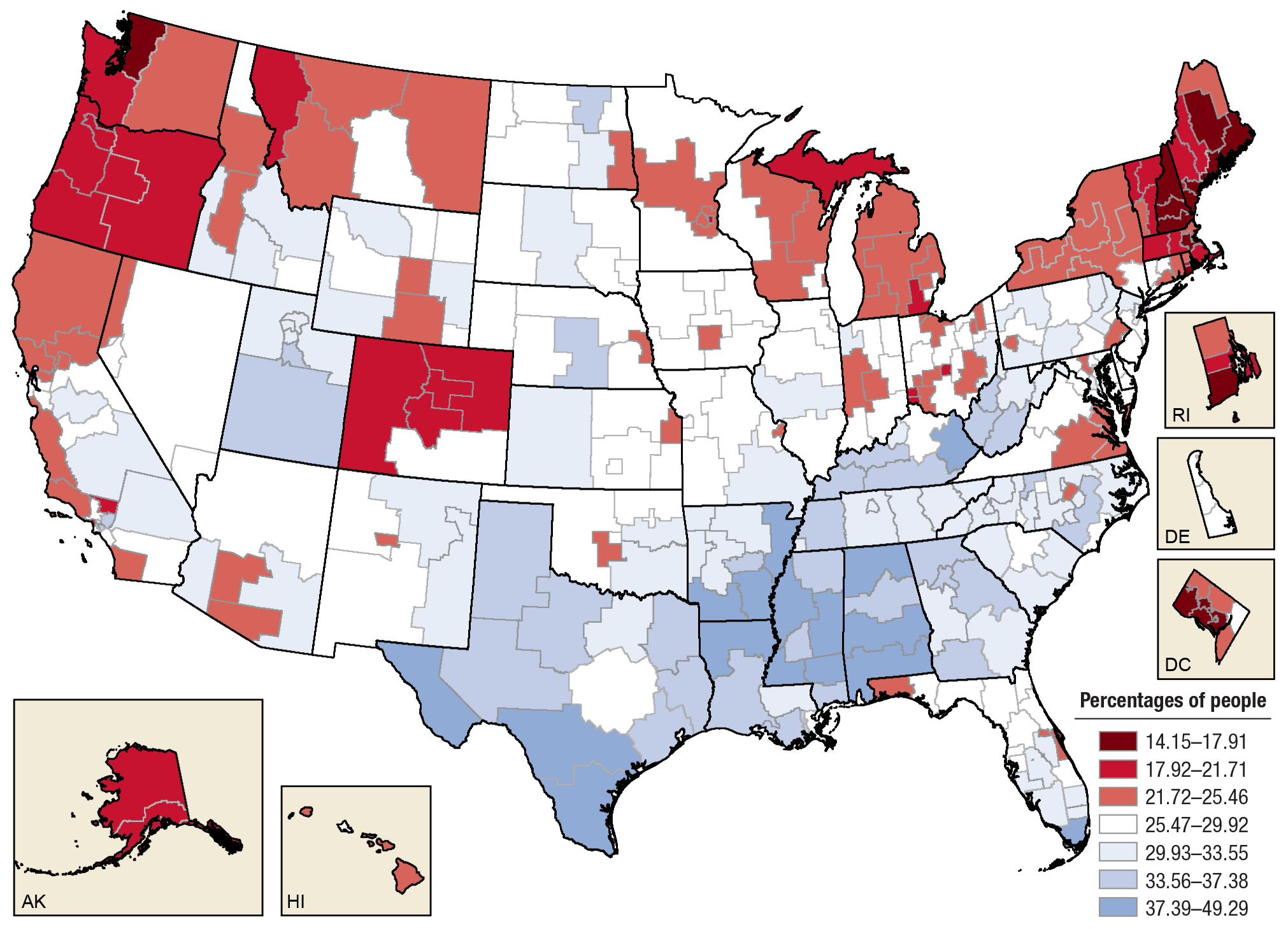 Figure 2 is a U.S. map with substate regions in the 50 states and the District of Columbia color-coded to represent the percentages and annual averages of perceptions of great risk of harm from smoking marijuana once a month among people aged 12 or older, for 2012 to 2014. The map legend is titled “Percentages of People” and includes seven categories: 14.15–17.91, 17.92–21.71, 21.72–25.46, 25.47–29.92, 29.93–33.55, 33.56–37.38, and 37.39–49.29.   Seventeen substate regions had percentages of perceptions of great risk of harm from smoking marijuana once a month among people aged 12 or older between 14.15 and 17.91. Thirty-three substate regions had percentages of perceptions of great risk of harm from smoking marijuana once a month among people aged 12 or older between 17.92 and 21.71. Seventy-two substate regions had percentages of perceptions of great risk of harm from smoking marijuana once a month among people aged 12 or older between 21.72 and 25.46. One hundred and twenty substate regions had percentages of perceptions of great risk of harm from smoking marijuana once a month among people aged 12 or older between 25.47 and 29.92. Seventy-two substate regions had percentages perceptions of great risk of harm from smoking marijuana once a month among people aged 12 or older between 29.93 and 33.55. Thirty-two substate regions had percentages of perceptions of great risk of harm from smoking marijuana once a month among people aged 12 or older between 33.56 and 37.38. Sixteen substate regions had percentages of perceptions of great risk of harm from smoking marijuana once a month among people aged 12 or older between 37.39 and 49.29.  If you would like someone from our staff to read the numbers on this map image to you, please call 240-276-1250.