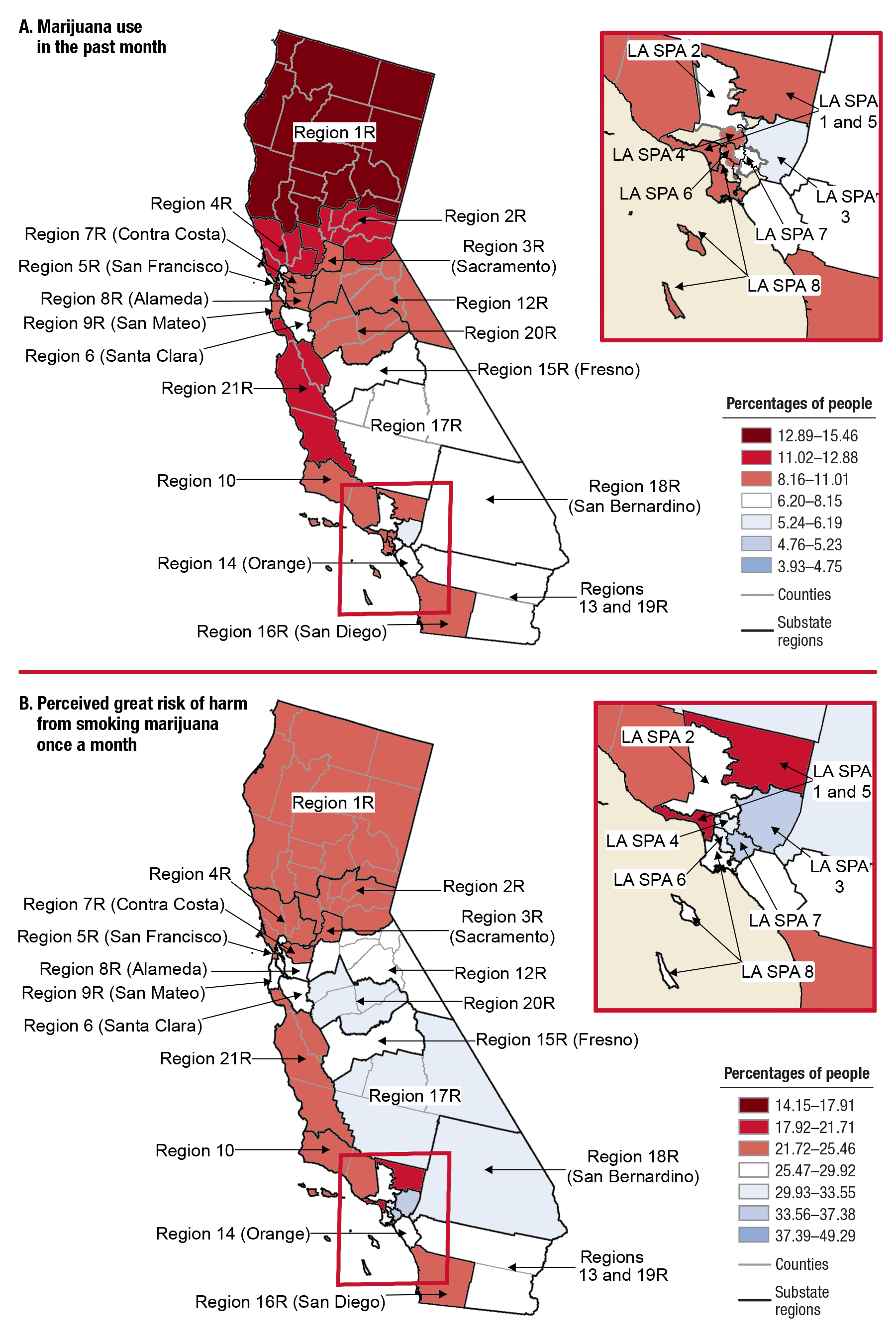 The first panel of Figure 3 displays a map of California with substate regions color-coded to represent the percentages and annual averages of marijuana use in the past month among people aged 12 or older, for 2012 to 2014. In a box to the right of the map is a close-up map of Los Angeles County Service Planning Areas 1–8. The map legend is titled 