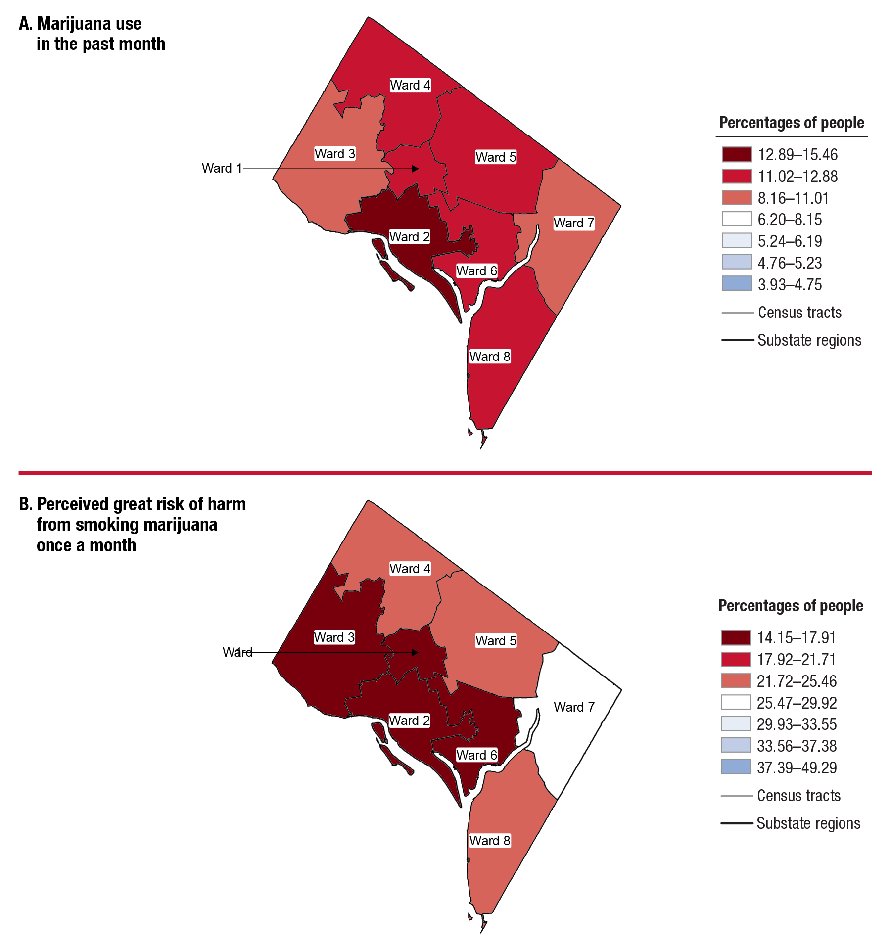 The first panel of Figure 4 displays a map of the District of Columbia with substate regions color-coded to represent the percentages and annual averages of marijuana use in the past month among people aged 12 or older, for 2012 to 2014. The map legend is titled 