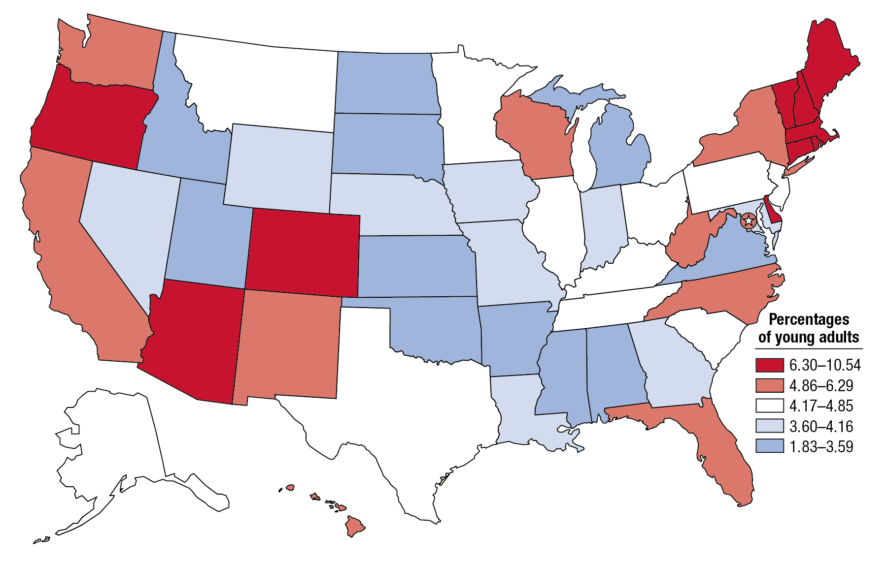 Figure 1 is a U.S. map with the 50 states and the District of Columbia color-coded to represent the rates of past year cocaine use among young adults aged 18 to 25, for 2014 and 2015. The map legend is titled Percentages of young adults and includes five categories: 6.30–10.54, 4.86–6.29, 4.17–4.85, 3.60–4.16, and 1.83–3.59. Arizona, Colorado, Connecticut, Delaware, Maine, Massachusetts, New Hampshire, Oregon, Rhode Island, and Vermont had rates of past year cocaine use among young adults between 6.30 and 10.54. California, the District of Columbia, Florida, Hawaii, New Mexico, New York, North Carolina, Washington, West Virginia, and Wisconsin had rates of past year cocaine use among young adults between 4.86 and 6.29. Alaska, Illinois, Kentucky, Minnesota, Montana, New Jersey, Ohio, Pennsylvania, South Carolina, Tennessee, and Texas had rates of past year cocaine use among young adults between 4.17 and 4.85. Georgia, Indiana, Iowa, Louisiana, Maryland, Missouri, Nebraska, Nevada, and Wyoming had rates of past year cocaine use among young adults between 3.60 and 4.16. Alabama, Arkansas, Idaho, Kansas, Michigan, Mississippi, North Dakota, Oklahoma, South Dakota, Utah, and Virginia had rates of past year cocaine use among young adults between 1.83 and 3.59.