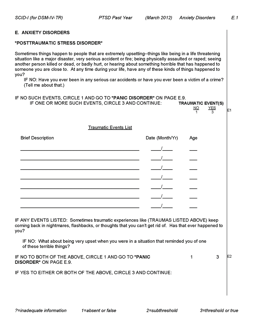 Page E.1 of the SCID-I (for DSM-IV-TR) interview section to assess past year PTSD. For long description follow 'D' link at lower right.