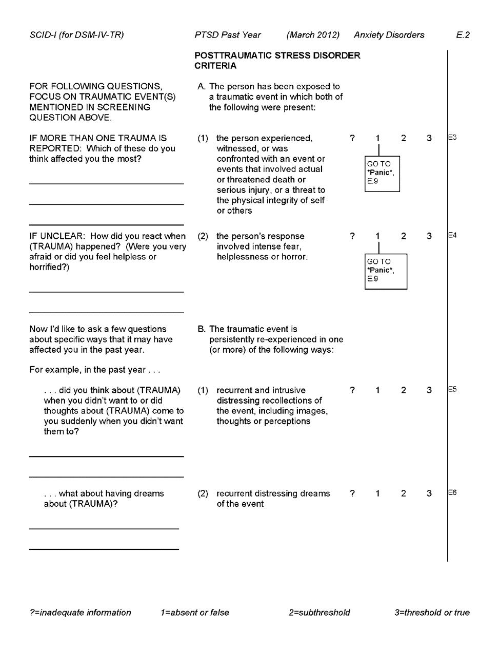 Page E.2 of the SCID-I (for DSM-IV-TR) interview section to assess past year PTSD. For long description follow 'D' link at lower right.