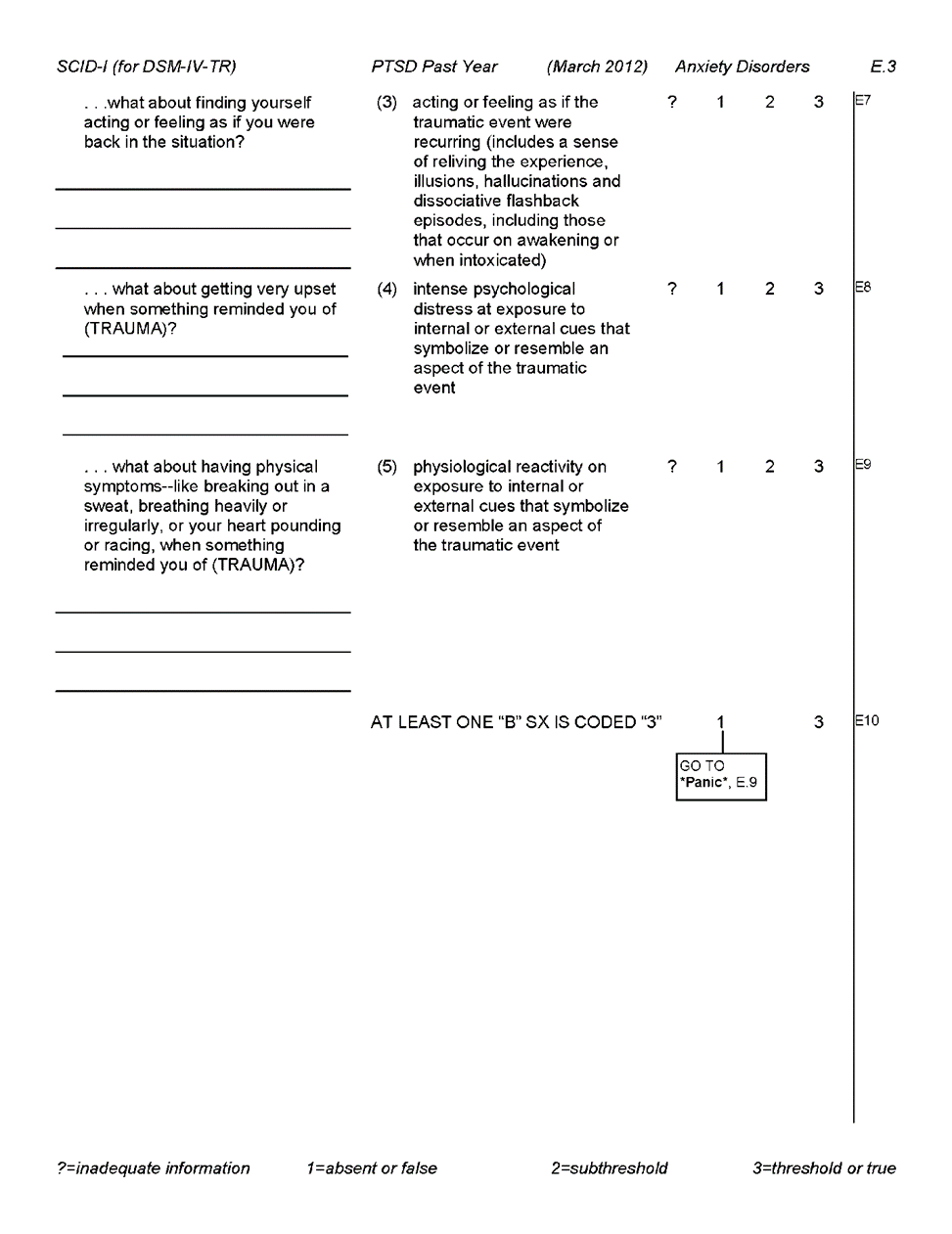 Page E.3 of the SCID-I (for DSM-IV-TR) interview section to assess past year PTSD. For long description follow 'D' link at lower right.