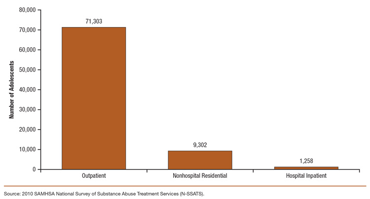 This is a bar graph number of clients aged 17 or younger who were clients in publicly or privately funded substance abuse treatment facilities on a typical day, by service type: 2010 N-SSATS. Accessible table located below this figure.