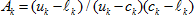 Capital A sub k is defined as the ratio of two quantities. The quantity in the numerator is calculated as the difference between u sub k and l sub k. The quantity in the denominator is calculated as the product of the difference between u sub k and c sub k and the difference between c sub k and l sub k.