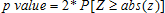 The p value is equal to 2 times the probability of realizing a standard normal variate capital Z greater than or equal to the absolute value of a quantity z.