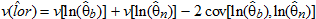 Variance v of the estimate of the log-odds ratio, lor hat, is a function of three quantities: q1, q2, and q3. It is expressed as the sum of q1 and q2 minus q3. Quantity q1 is the variance v of the natural logarithm of Theta sub b hat, quantity q2 is the variance v of the natural logarithm of Theta sub n hat, and quantity q3 is 2 times the covariance between the natural logarithm of Theta sub b hat and the natural logarithm of Theta sub n hat.