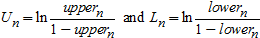 Capital U sub n is the natural logarithm of upper sub n divided by 1 minus upper sub n, and capital L sub n is the natural logarithm of lower sub n divided by 1 minus lower sub n.