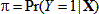 Pi equals the probability of capital Y being 1 given capital X, where capital X is the vector of explanatory variables.