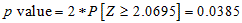 The Bayes p value or posterior probability of no difference is calculated as 2 times the probability that capital Z is greater than or equal to 2.0695. The p value is equal to 0.0385.