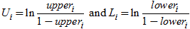 Capital U sub i is the natural logarithm of upper sub i divided by 1 minus upper sub i, and capital L sub i is the natural logarithm of lower sub i divided by 1 minus lower sub i.