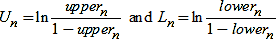 Capital U sub n is the natural logarithm of upper sub n divided by 1 minus upper sub n, and capital L sub n is the natural logarithm of lower sub n divided by 1 minus lower sub n.