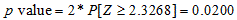 The Bayes p value or posterior probability of no difference is calculated as 2 times the probability that capital Z is greater than or equal to 2.3268. The p value is equal to 0.0200.