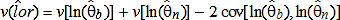 Variance v of the estimate of the log-odds ratio, lor hat, is a function of three quantities: q1, q2, and q3. It is expressed as the sum of q1 and q2 minus q3. Quantity q1 is the variance v of the natural logarithm of Theta sub b hat, quantity q2 is the variance v of the natural logarithm of Theta sub n hat, and quantity q3 is 2 times the covariance between the natural logarithm of Theta sub b hat and the natural logarithm of Theta sub n hat.