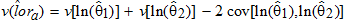 Variance v of the estimate of the log-odds ratio, lor hat sub a, is a function of three quantities: q1, q2, and q3. It is expressed as the sum of q1 and q2 minus q3. Quantity q1 is the variance v of the natural logarithm of Theta 1 hat, quantity q2 is the variance v of the natural logarithm of Theta 2 hat, and quantity q3 is 2 times the covariance between the natural logarithm of Theta 1 hat and the natural logarithm of Theta 2 hat.