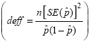 The design effect is equal to the quantity of n times the standard error of p hat squared divided by the quantity of p hat times 1 minus p hat.