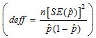 The design effect is equal to the quantity of n times the standard error of p hat squared divided by the quantity of p hat times 1 minus p hat.