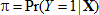 Pi equals the probability of capital Y equals 1 given capital X, where capital X is the vector of explanatory variables.