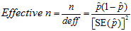Effective n is the ratio of n over the design effect, which is equal to the quantity of p hat times 1 minus p hat divided by the quantity of the standard error of p hat squared.