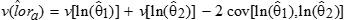 Variance v of the estimate of the log-odds ratio, lor hat sub a, is a function of three quantities: q1, q2, and q3. It is expressed as the sum of q1 and q2 minus q3. Quantity q1 is the variance v of the natural logarithm of Theta 1 hat, quantity q2 is the variance v of the natural logarithm of Theta 2 hat, and quantity q3 is 2 times the covariance between the natural logarithm of Theta 1 hat and the natural logarithm of Theta 2 hat.