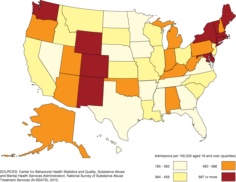 Map of the United States comparing Clients in Treatment per 100,000 Population Aged 18 and Over: March 31, 2010