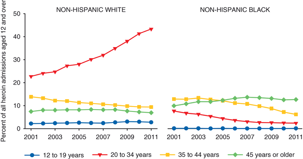 Figure 21. Line chart comparing Heroin admissions aged 12 and older, by age group and race/ethnicity: 2000-2010