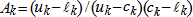 Capital A sub k is defined as the ratio of two quantities. The quantity in the numerator is calculated as the difference between u sub k and l sub k. The quantity in the denominator is calculated as the product of the difference between u sub k and c sub k and the difference between c sub k and l sub k.