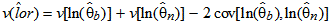 Variance v of the estimate of the log-odds ratio, lor hat, is a function of three quantities: q1, q2, and q3. It is expressed as the sum of q1 and q2 minus q3. Quantity q1 is the variance v of the natural logarithm of Theta sub b hat, quantity q2 is the variance v of the natural logarithm of Theta sub n hat, and quantity q3 is 2 times the covariance between the natural logarithm of Theta sub b hat and the natural logarithm of Theta sub n hat.