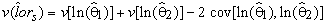 Variance v of the estimate of the log-odds ratio, lor hat sub s, is a function of three quantities: q1, q2, and q3. It is expressed as the sum of q1 and q2 minus q3, where q1 is the variance of the natural logarithm of Theta 1 hat, q2 is the variance of the natural logarithm of Theta 2 hat, and q3 is 2 times the covariance between the natural logarithm of Theta 1 hat and the natural logarithm of Theta 2 hat.