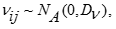 A nu sub i, j is normally distributed with mean 0 and variance denoted by matrix capital D sub nu.