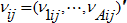 A nu sub i, j is a vector of transposed values nu sub 1, i, j and so on until nu sub capital A, i, j.