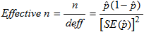 Effective n is the ratio of n over the design effect, which is equal to the quantity of p hat times 1 minus p hat divided by the quantity of the standard error of p hat squared.