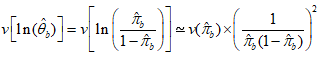 Variance v of the natural logarithm of Theta sub b hat is equal to the variance v of the natural logarithm of pi hat sub b divided by 1 minus pi hat sub b, which is then approximately equal to the variance v of pi hat sub b multiplied by the square of quantity q. Quantity q is the reciprocal of pi hat sub b multiplied by 1 minus pi hat sub b.