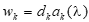 w sub k equals the product of d sub k and a sub k as a function of lambda.