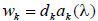w sub k equals the product of d sub k and a sub k as a function of lambda.