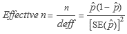 Effective n is the ratio of n over the design effect, which is equal to the quantity of p hat times 1 minus p hat divided by the quantity of the standard error of p hat squared.