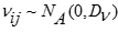 A nu sub i, j is normally distributed with mean 0 and variance denoted by matrix capital D sub nu.