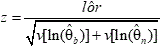 Quantity z is the estimate of the log-odds ratio, lor hat, divided by the square root of the sum of the variance v of the natural logarithm of Theta sub b hat and the variance v of the natural logarithm of Theta sub n hat.