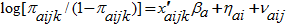 The model is given by the equation: log of pi sub a, i, j, k divided by 1 minus pi sub a, i, j, k and is equal to the sum of three terms. The first term is given by x transpose sub a, i, j, k times beta sub a. The second term is eta sub a, i. And the third term is nu sub a, i, j. Here, pi sub a, i, j, k is the probability of engaging in the behavior of interest by person-k belonging to age group-a in substate region-j of State-i. The x sub a, i, j, k denotes a vector of auxiliary variables associated with age group-a, and the beta sub a denotes the associated vector of regression parameters. The eta sub a, i and the nu sub a, i, j denote, respectively, the vectors of random effects at the State and substate region levels.