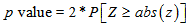 The p value is equal to 2 times the probability of realizing a standard normal variate greater than or equal to the absolute value of a quantity z.